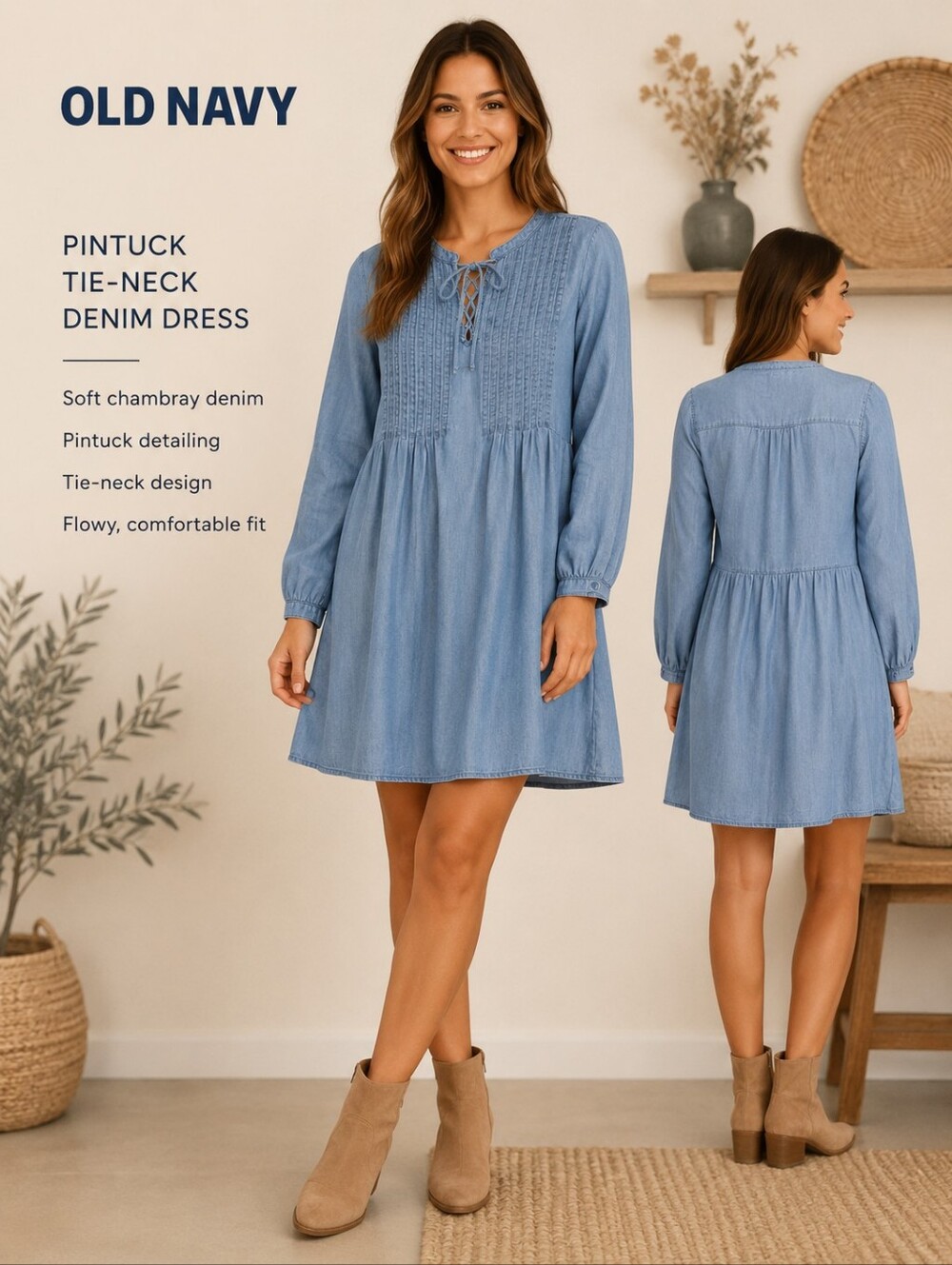 Old Navy Chambray Pintuck Tie Neck Babydoll Dress Blue Long Sleeve Size  Medium